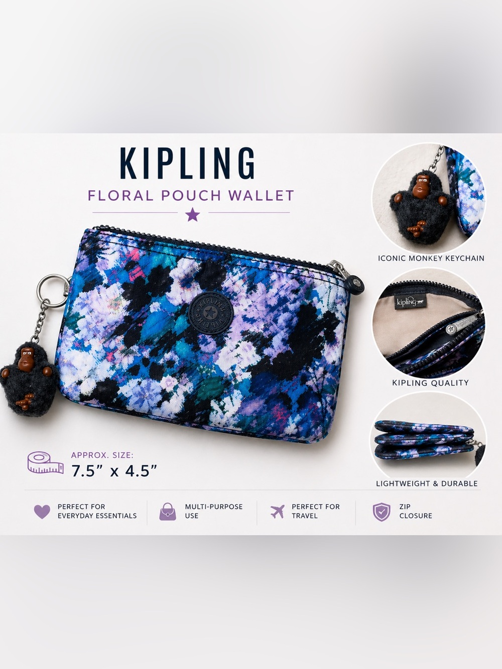 Kipling Floral Nylon Pouch Wallet Blue Purple Zip Wristlet Monkey Keychain